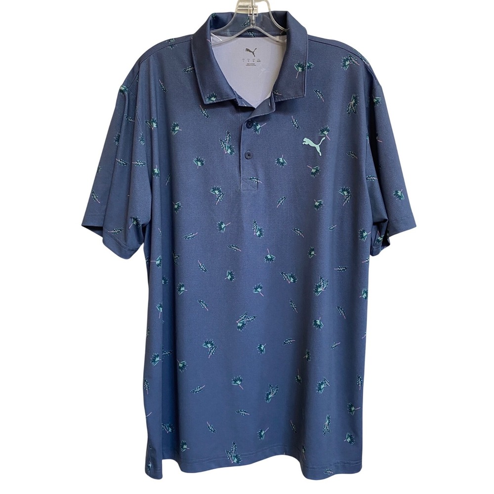 Puma Golf Mens Blue Tropical Botanical Print Performance Polo Shirt 534884-01 L‎